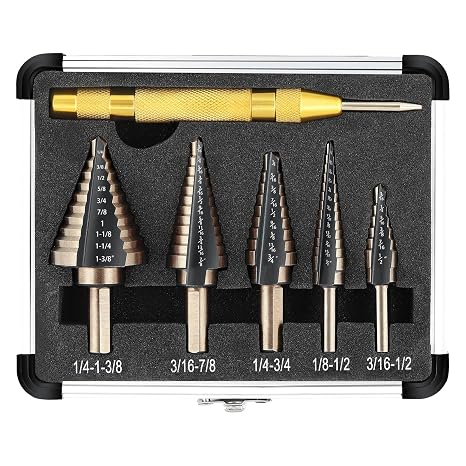 COMOWARE Step Drill Bit Set & Automatic Center Punch- Black and Gold, Double Cutting Blades, High Speed Steel, Short Length Drill Bits Set of 5 pcs, Total 50 Sizes with Aluminum Case