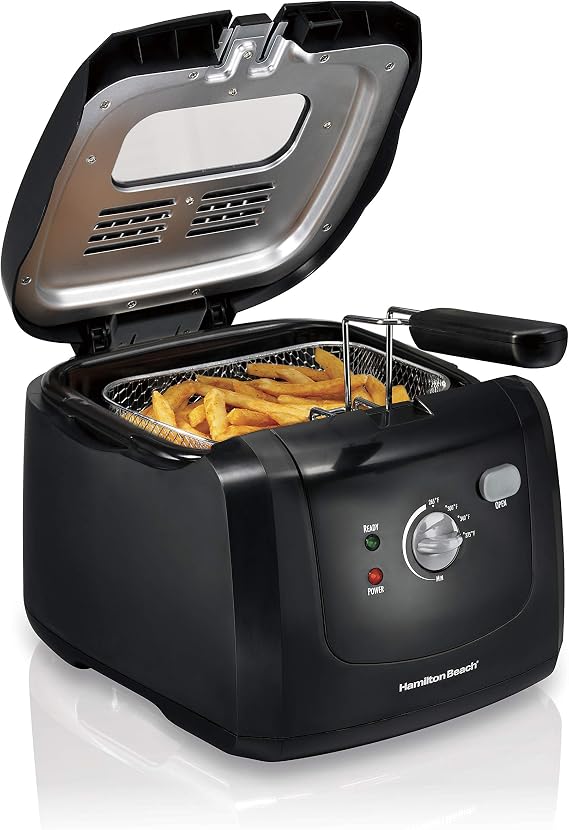 Hamilton Beach Cool Touch Electric Deep Fryer with Basket For Home Use | 2 Liter / 8 Cup Oil Capacity | 1500 Watts | Cool-Touch Sides | Lid With View Window | Adjustable Temperature | Black | 35021