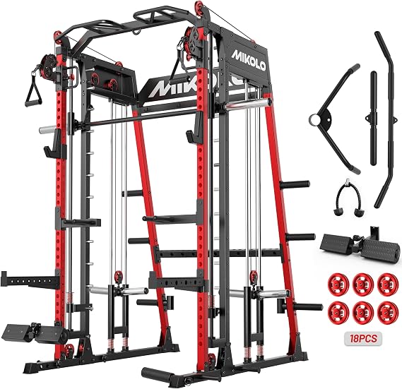 Mikolo M4 2.0 Ultra Smith Machine, Multi-Function Squat Rack with LAT-Pull Down System & Cable Crossover Machine, Training Equipment with Leg Hold-Down Attachment, Red