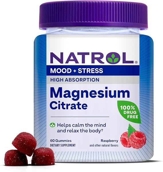 Natrol Magnesium Citrate, High Absorption Magnesium Supplement for Mood and Stress, Helps Calm The Mind and Relax The Body, 60 Raspberry-Flavored Gummies, Up to a 30 Day Supply