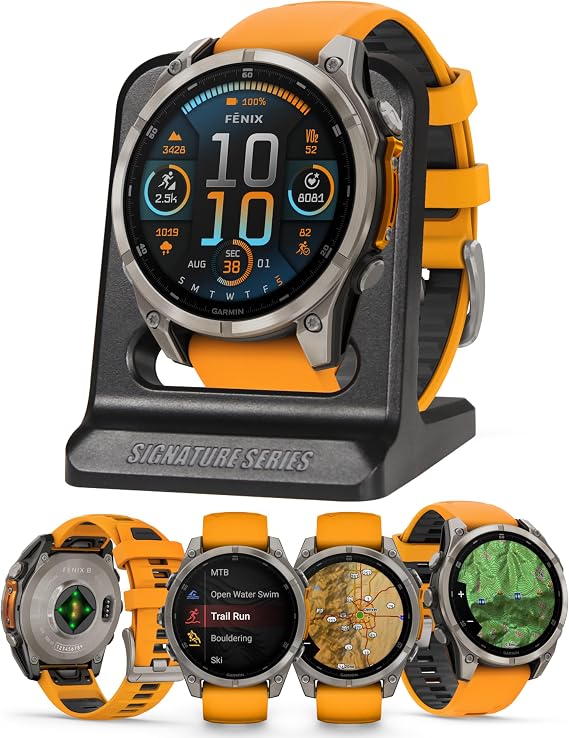 Garmin Fenix 8 Sapphire, 47mm Premium AMOLED Multisport GPS Smartwatch with inReach Technology, Health Tracking | Titanium Spark Orange/Graphite Band with Signature Series Modern Power Stand Bundle