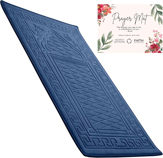 Sacred Artisans Padded Prayer Mat Thick with Soft Velvet Foam for Men and Women | Prayer Rug and Meditation Mat for Home Travel & Gift (Blue - Padded)