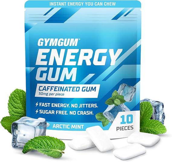 GYMGUM Caffeine Energy Gum, 50mg Caffeine & L-Theanine, Arctic Mint 10 Ct