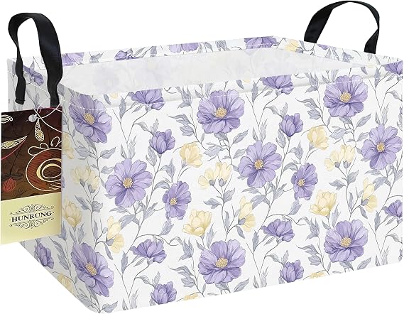 Rectangle Storage Basket Cute Canvas Organizer Bin for Pet/Children Toys, Books, Clothes Perfect for Rooms(REC-Purple Flowers)