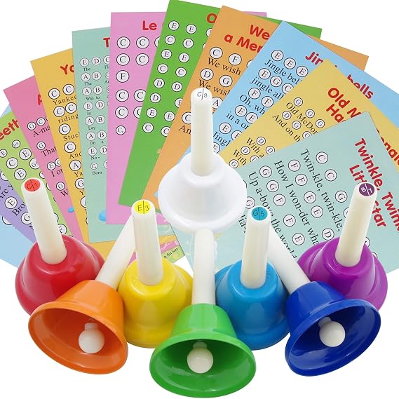 Musical HandBells For Children, Adult, Seniors 8 Note Color-Coded Diatonic Metal Hand Bells Sheet Music Songs included B1