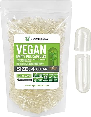 XPRS Nutra Size 4 Empty Capsules - 1000 Count Small Clear Empty Vegan Capsules- Vegetarian Pills - DIY Vegetable Capsule Filling - Fillable Do-It-Yourself Veggie Caps for Supplements