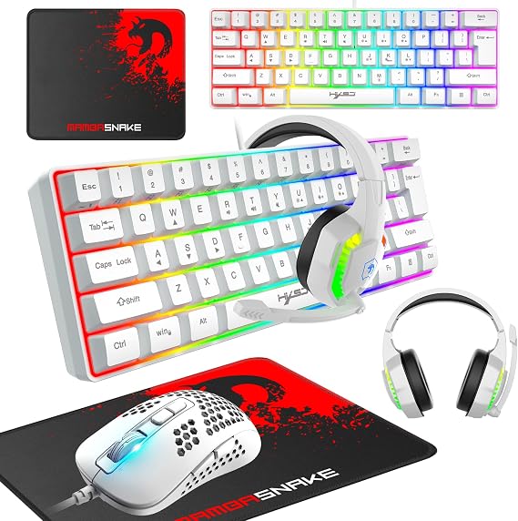 Gaming Keyboard and Mouse Set - 60% Wired Compact Mini 61 Keys With 11 RGB Backlit Full Anti-ghosting, Honeycomb Optical Model O, RGB Headset and Mouse Pad for Gamer