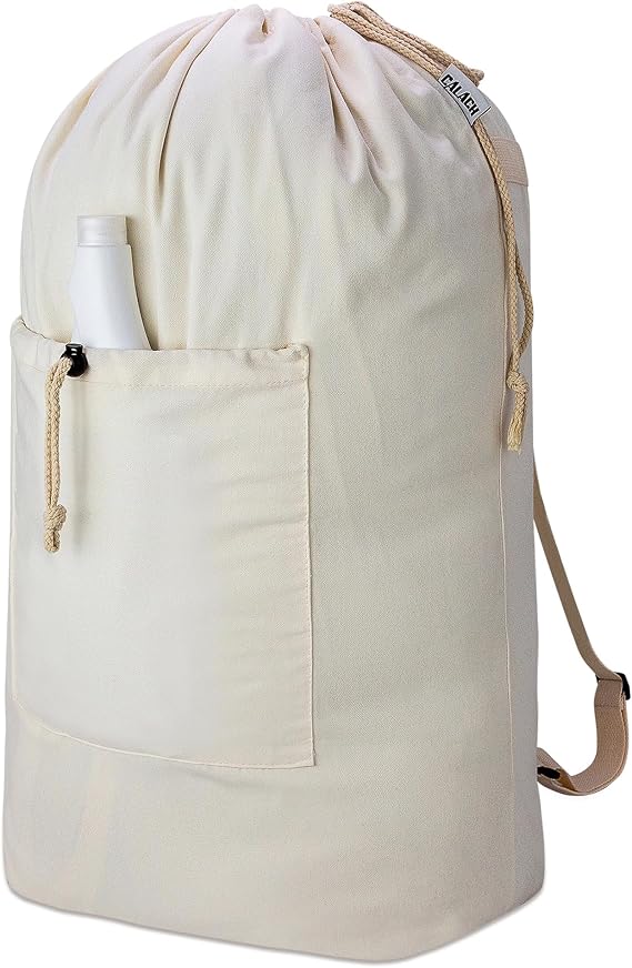 Laundry Bag Backpack, Canvas Laundry Bag with Straps & Drawstring, Beige XL | Heavy Duty Washable Dirty Cloth Hamper Bag with Large Front Pocket for College, Travel, Laundromat, Camping