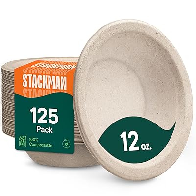 Stack Man Paper Bowls, 100% Compostable Disposable Soup Bowl [125-Pack] 12 oz. Heavy Duty, Eco-Friendly, Biodegradable Bagasse Hot Food Plates and Bowls - Natural Brown BPI Certified PFAS-Free