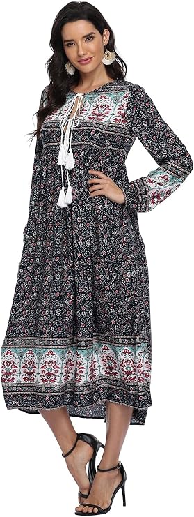 VintageClothing Women's Long Sleeve Bohemian Midi Dresses Summer Floral Retro V Neck Tassel Casual Dress