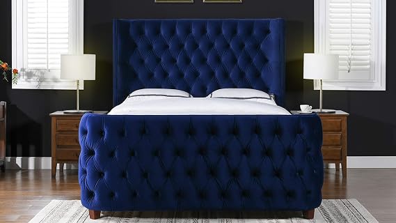Jennifer Taylor Home Harmonie King Tufted Panel Bed Headboard and Footboard Set, Navy Blue Velvet