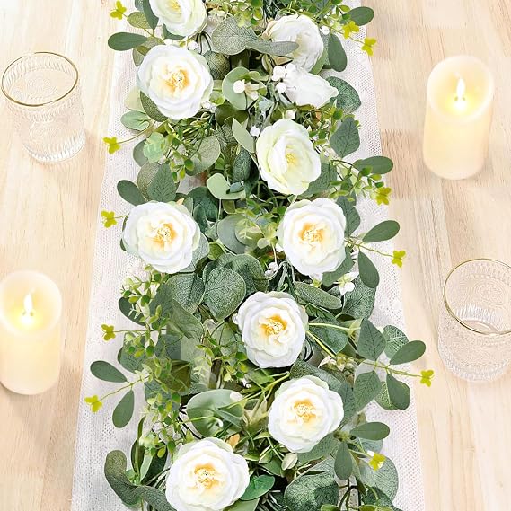 ASTRYAS 2PCS 6.23Ft Artificial Eucalyptus Garland with Flowers, White