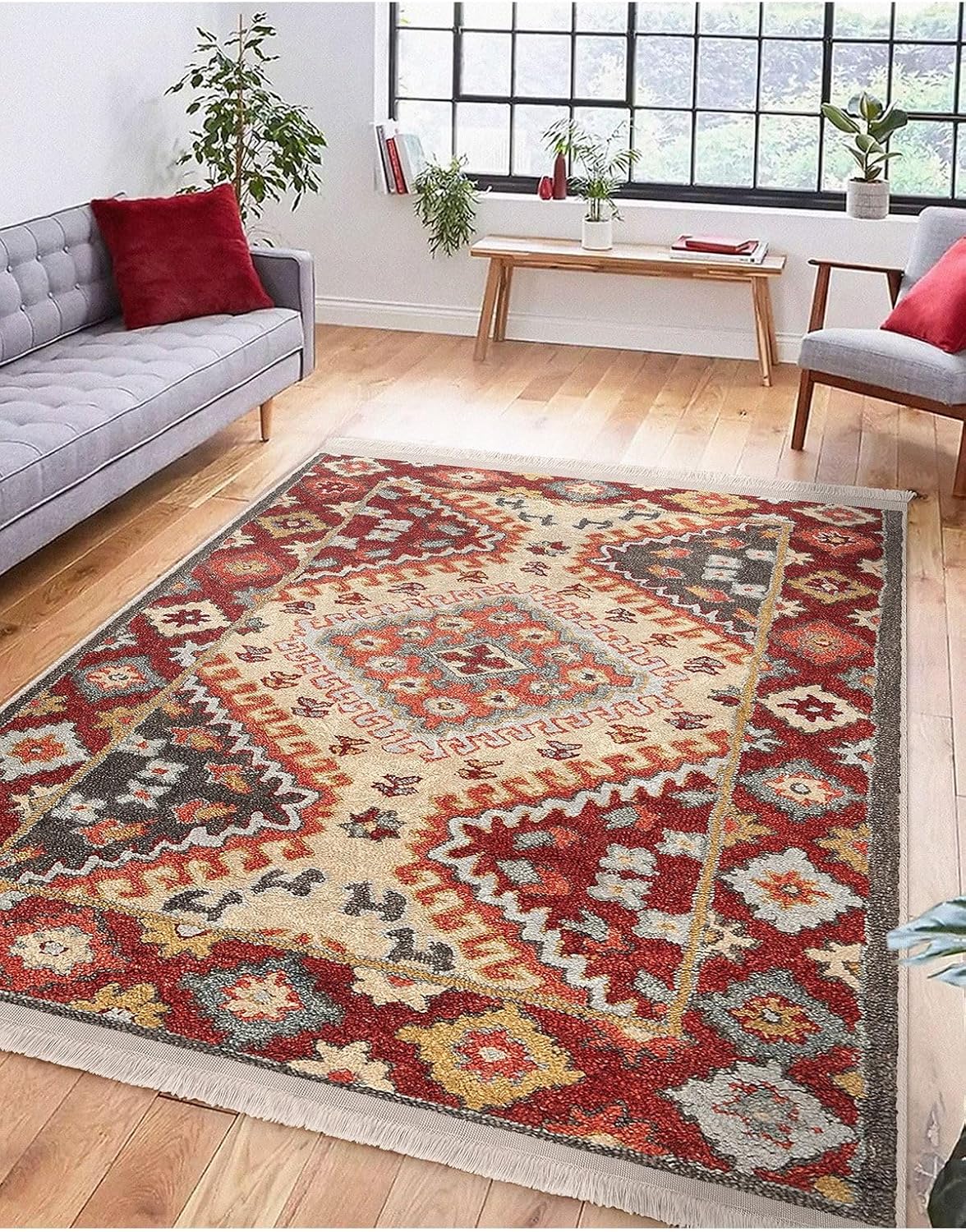 RealHomes Kırmızı Zeminde Etnik Motifli Kilim Desenli Avangarde Vintage Salon & Oturma Odası Saçaklı Halı HaliDik-Deluxe-11162, 160 x 230