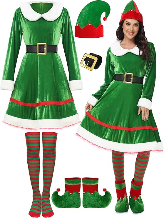 SOMSOC Women Christmas Elf Costume Set Velvet Dress Belt