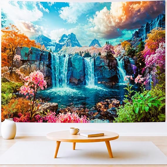 Delur Waterfall Tapestry Tropical Forest Mountain Sunset Tree Wall Hanging Tapestry Scenic Rainforest Landscape Nature Sunrise Headboard for Bedroom Living Room Home Decor (51.2" x 59.1")
