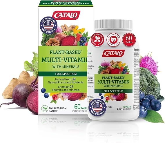 CATALO Multivitamin for Women & Men with Minerals Tablets Plant-Based Formula with 25 Essential Vitamins & Minerals, Includes 39 Fruits, Vegetables, Mushrooms & Herbs 60 Tablet