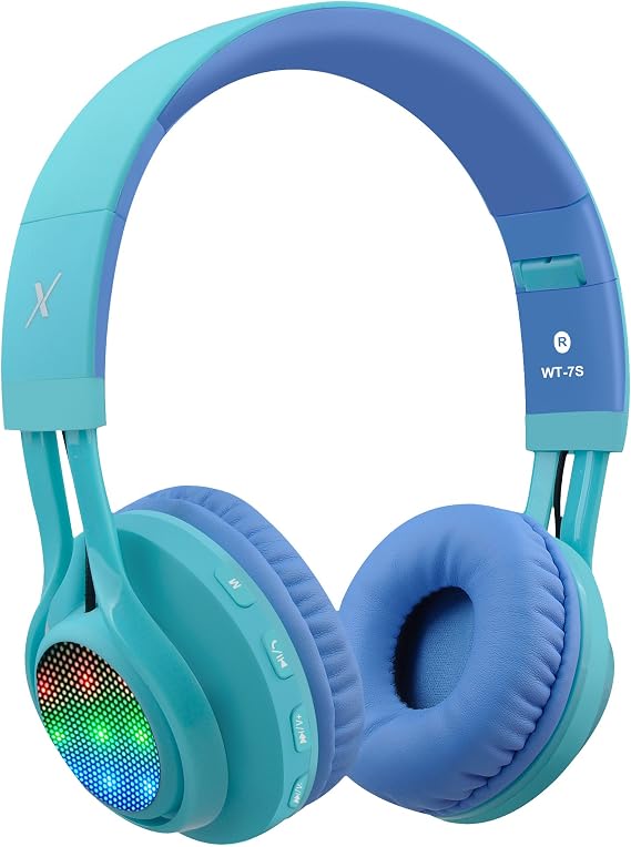 Riwbox WT-7S Kids Bluetooth Headphones Light Up, Foldable Stero Wireless Headset with Microphone and Volume Control for PC/Tablet/TV/Travel（Blue）