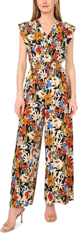 Vince Camuto Women's Floral Print Flutter Sleeve V-neck Jumpsuit