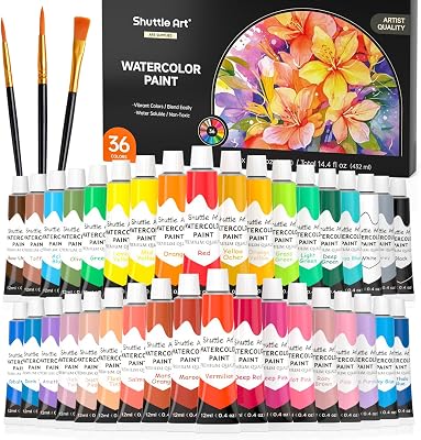 Shuttle Art Watercolor Paint Set, 36 Colors Watercolor Paint in Tubes 12ml Each with 3 Brushes, Rich Pigment, Easy to Blend, Perfect for Kids, Artists, Beginners, Students