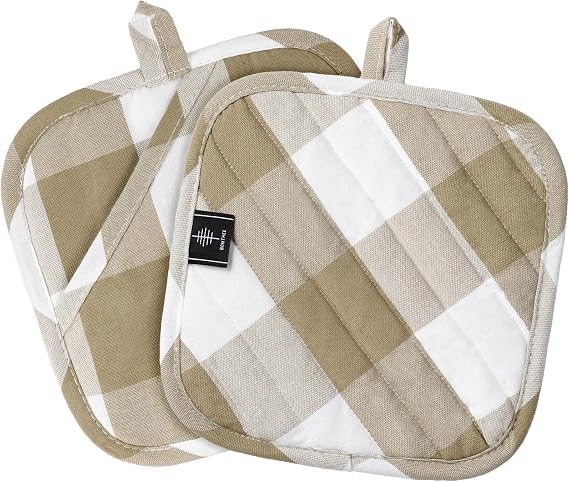 Cotton Pot Holders for Kitchen Heat Resistant Potholder, Hot Pads, Trivet Coaster Non-Slip Potholders Set for Cooking and Baking (2, Light Brown Plaid, Square,8.27 in2)