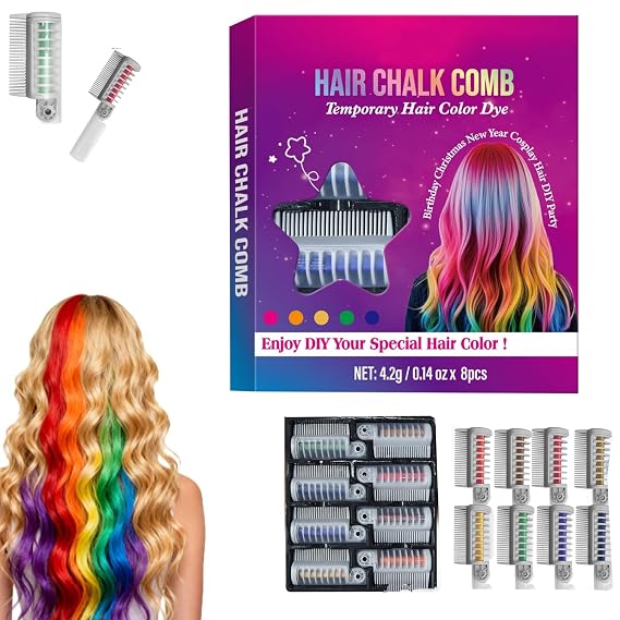 Festive Fun Hair Chalk Combs,Hair Color Comb Temporary Hair Chalk Comb,8 Color Washable Hair Chalk Set Hair Chalk Comb Temporary Bright Washable Hair Color Dye (1PC)