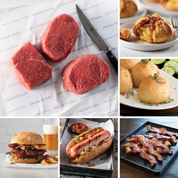Omaha Steaks Signature Gift Package (4 Butcher's Cut Top Sirloins, 4 Omaha Steaks Burgers, 4 Gourmet Jumbo Franks, 4 Potatoes au Gratin, 4 Caramel Apple Tartlets, 1 lb. Applewood Smoked Steak-Cut Bacon)