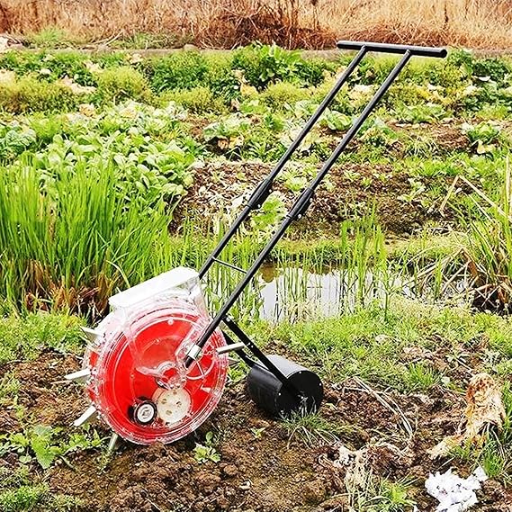 Hand Seed Spreader, Manual Seeder Handheld Seeding Machine and Fertilizer Applicator, Hand-Push Roller Seeder Row Planter for Soy Peanut Corn Cotton Soybean(12 Mouths)