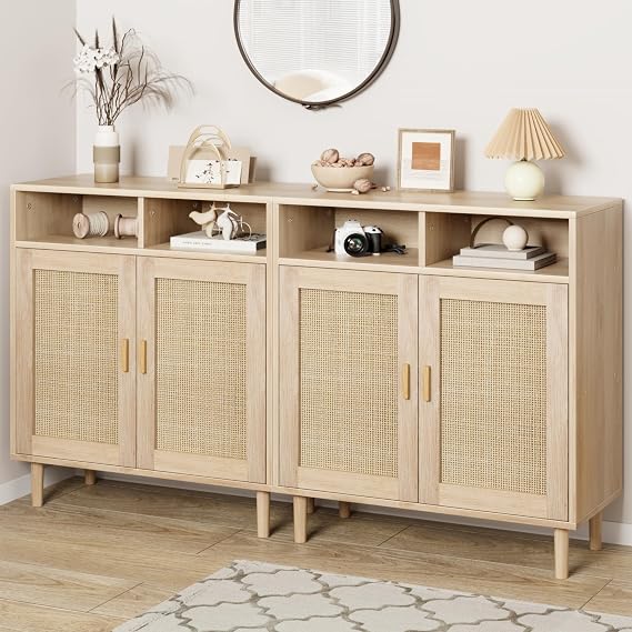 Set of 2 Rattan Sideboard Buffet Cabinet with 2 Doors, Accent Kitchen Storage for Dining Room Entryway Living Room, Modern Coffee Bar Console Table, Natural