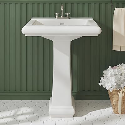 26 W X 20 D Bathroom Pedestal Sink, Rectangular White Ceramic Vanity Sink with Overflow and 3 Pre-Drilled Holes - Fits 4-Inch Faucets,Freestanding Restroom Sink Combo for Small Spaces