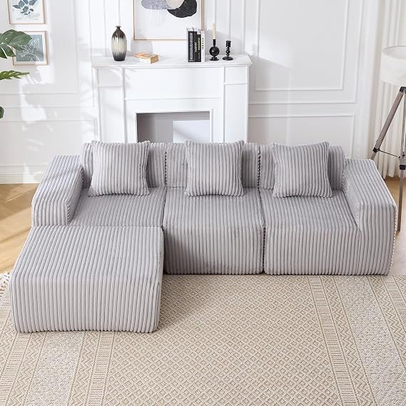 Modular Sectional Sofa, Convertible Sectional Sofa with Ottomans, Comfortable Sectional Couch with Pillows, Convertible Sectional Sofa for Living Room (Light Gray)