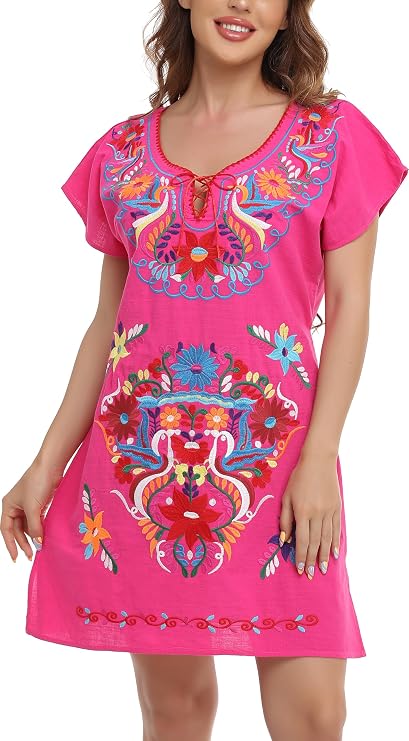 YZXDORWJ Women Mexican Embroidered Fiesta Dress V Neck Dress Short Sleeve