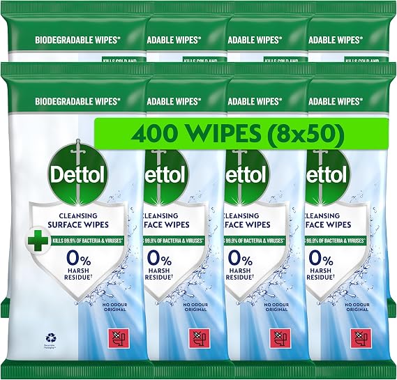 Dettol Antibacterial Cleansing Surface Wipes, Fragrance Free, 400 Wipes (50 x 8pck) Disinfectant, Home Hygiene, Biodegradable, Kills 99.9 Percent of Germs