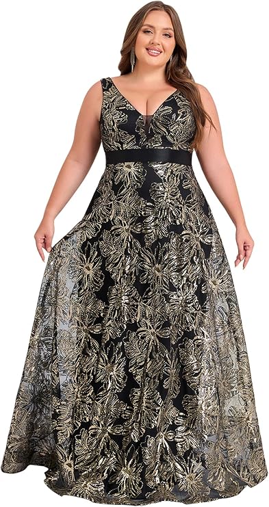 Plus Size Sleeveless Glitter Sequined Womens Long Formal Gown Aline Wedding Guest Dress Floor Length Evening Dresses
