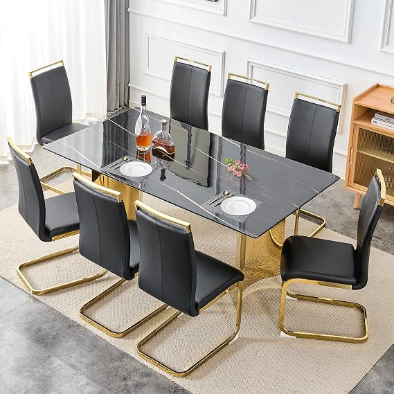 Dining Room Table Set for 8,Faux Marble Table Top with Gloden Stainless Steel Base,71 Modern Black Dining Table with 8 Black Chairs,Marble Rectangle Dining Table for 6-8 Person