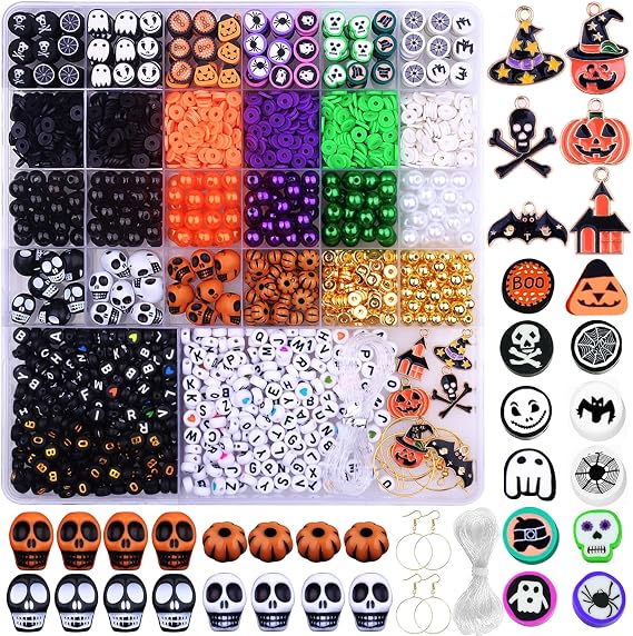 BBita 2088pcs Halloween Polymer Clay Beads Bracelet Making kit, 24 Style Cute Fun Beads Skull Pumpkin Beads Charms for Jewelry Necklace Earring Making DIY Accessories for Women Girls