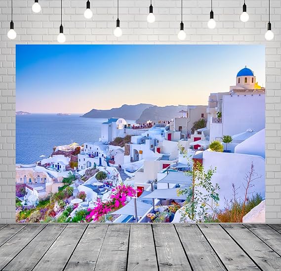 7x5ft Fabric Santorini Greece Backdrop Oia Village Traditional White Houses Blue Dome Church Aegean Sea View Background Greece Theme Party Decor Mamma Mia Birthday Backdrop Photo Props