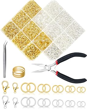 FIVEIZERO 2400PCS Jump Rings Kit for Jewelry Making Supplies & Necklace Repair with Silver & Gold Jump Rings, Lobster Clasps, Pliers, Tweezer & Opener, Jewelry Repair Kit for Earrings and Charms