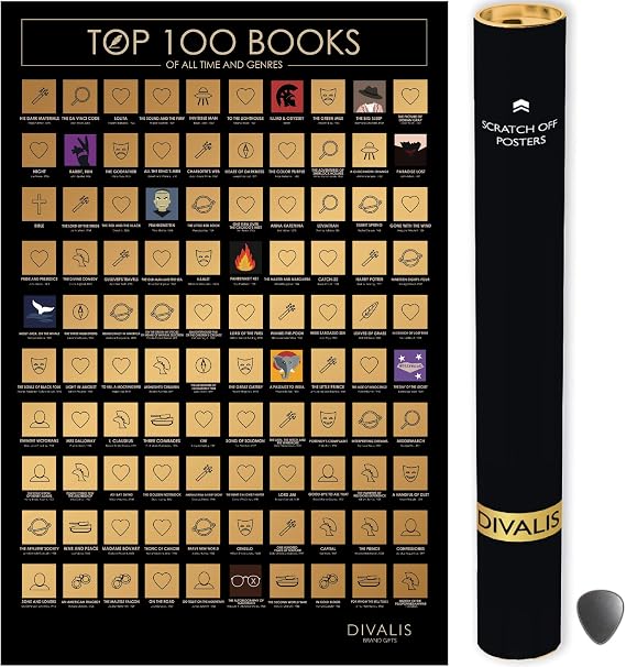 100 Books Scratch off Poster with Scratcher - Easy to Frame 24x16 100 Must Read Books of all Times - Reading Bucketlist Chart - Accessories Included