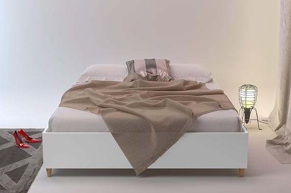 Queen Platform | Wood Slat Support |White with Walnut Details Bed,