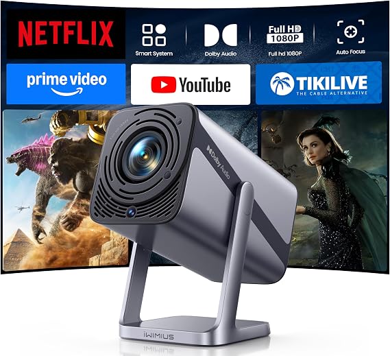 Built-in Apps20W Dolby Audio360Adjustable Stand: Smart 4K Projector with WiFi 6 and 2-Way Bluetooth, Electric Focus & Auto Keystone, iWIMIUS 1080P Mini Portable Outdoor Proyector w/ HDMI ARC