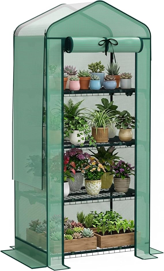 Outsunny 4 Tier Mini Greenhouse w/ Screen Roof 27.6" x 19.7" x 62.2" Green | Portable, Small Greenhouse, High Strength PE Cover, Roll-Up Zipper Door, Garden Yard Backyard