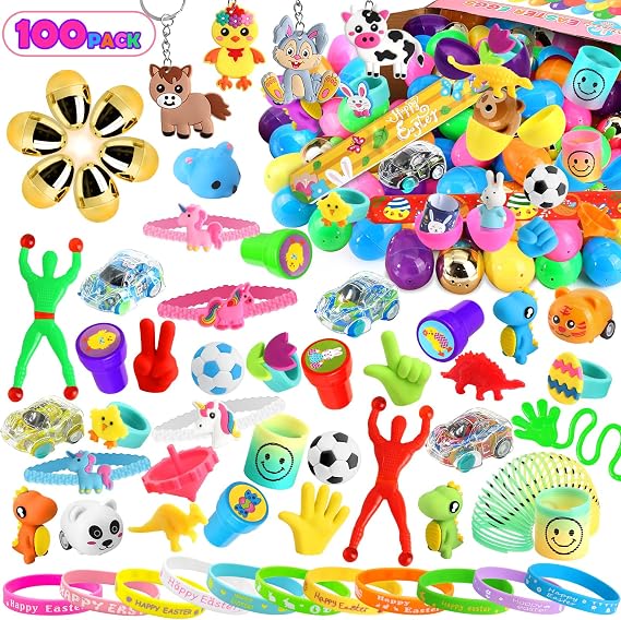 [ 6 Surprise Golden Eggs ] 100 Pack Prefilled Easter Eggs with Assorted Toys Inside, Pre-filled Easter Egg Hunt Stuffed, 100 Plastic Easter Eggs Fillers with Fidget Toys, Easter Basket Stuffers