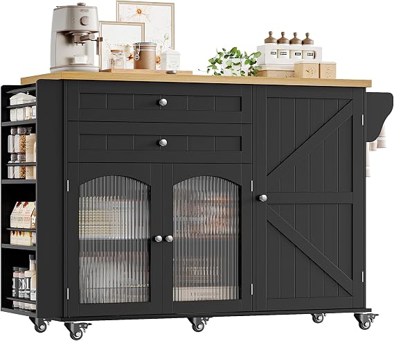 FINETONES 52" Kitchen Island with Storage, Rolling Kitchen Carts on Wheels