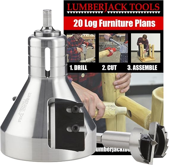 Lumberjack Tools Tenon Cutter Kit for Log Furniture, 1.5" Cutter & Forstner Bit, Industrial Series Aluminum, 1/2" Shank, Dual Blades Creates Tapered Shoulder Profile, Made in USA