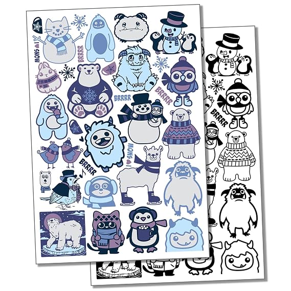 Yetis and Winter Animals Temporary Tattoo Water Resistant Fake Body Art Set Collection - Black (One Sheet)