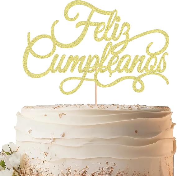Feliz Cumpleanos Cake Topper - Gold Glitter Spanish Happy Birthday Party Cake Decoration Supplies - Mexico Fiesta Theme Birthday Cake Decor, Photo Booth Props