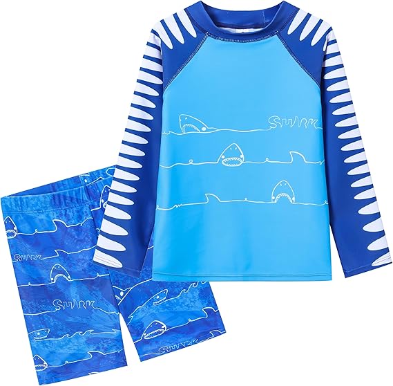 Boys 2 Pieces Rash Guard Sun Protection Long Sleeve Kid Swimsuits Quick Dry Swim Shirt Trunks for Boys 3-12 Years
