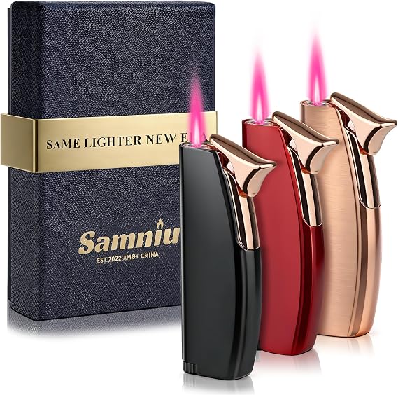 SAMNIU 3 Pack of Torch Lighter with Pink Jet Fame, Butane Gas Refillable, Mini, Compact, Pocket Lighters for Candles, Grills, Mens Gift Set (NO Gas)