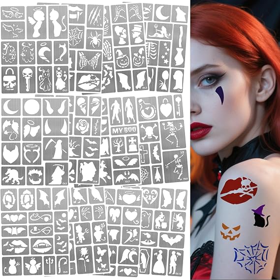 170 PCS Halloween Body Face Painting Stencils for Adult Kids, Women Men Couple Temporary Tattoos Stencils,Glitter Tattoos Stencils Kit for DIY Halloween Carnival Dance Party Supplies