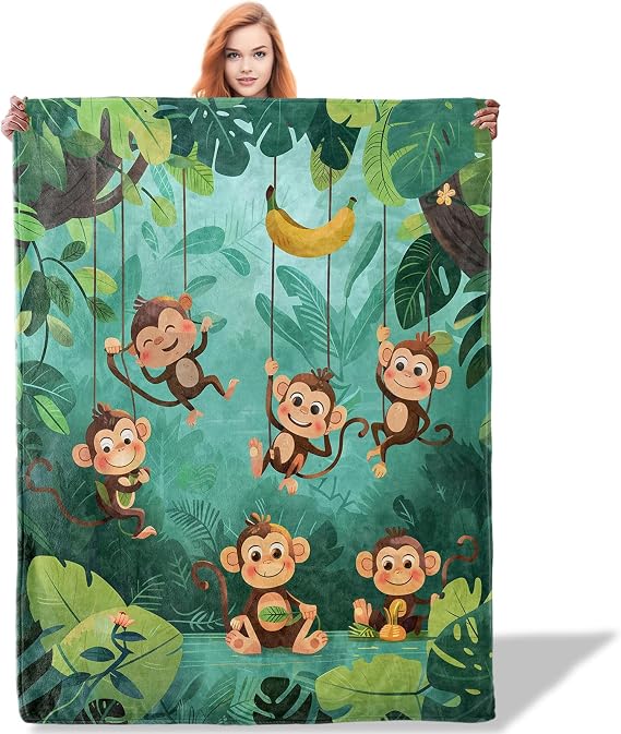 Jungle Monkey Throw Blanket for Women Girls Boys, Soft Flannel Blankets Gifts for Living Room Couch, Home, Sofa Decor, 50"x60"